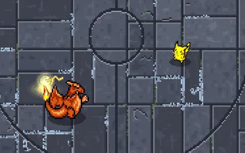 Developer preview: Charizard and Pikachu stand apart on a cracked stone arena with circular markings.