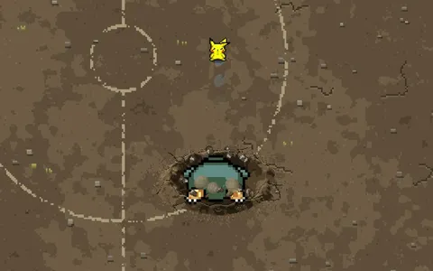 Developer preview: Snorlax sits in a crater on a dirt arena while Pikachu stands above it.