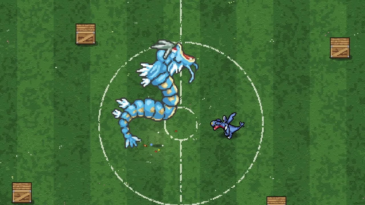 Developer preview: a large Gyarados and a smaller Garchomp face each other on a grass arena marked with white circles.