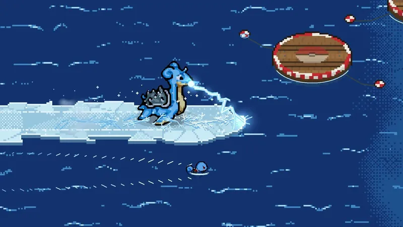 Developer preview: Lapras fires a pale blue beam from an ice path over water, with Squirtle below.