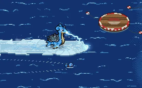 Developer preview: Lapras fires a pale blue beam from an ice path over water, with Squirtle below.